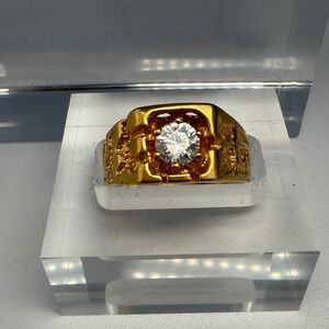 Chunky Vintage Gold Tone Men's Statement Ring with‎ Clear Glass Stone Size 11.75